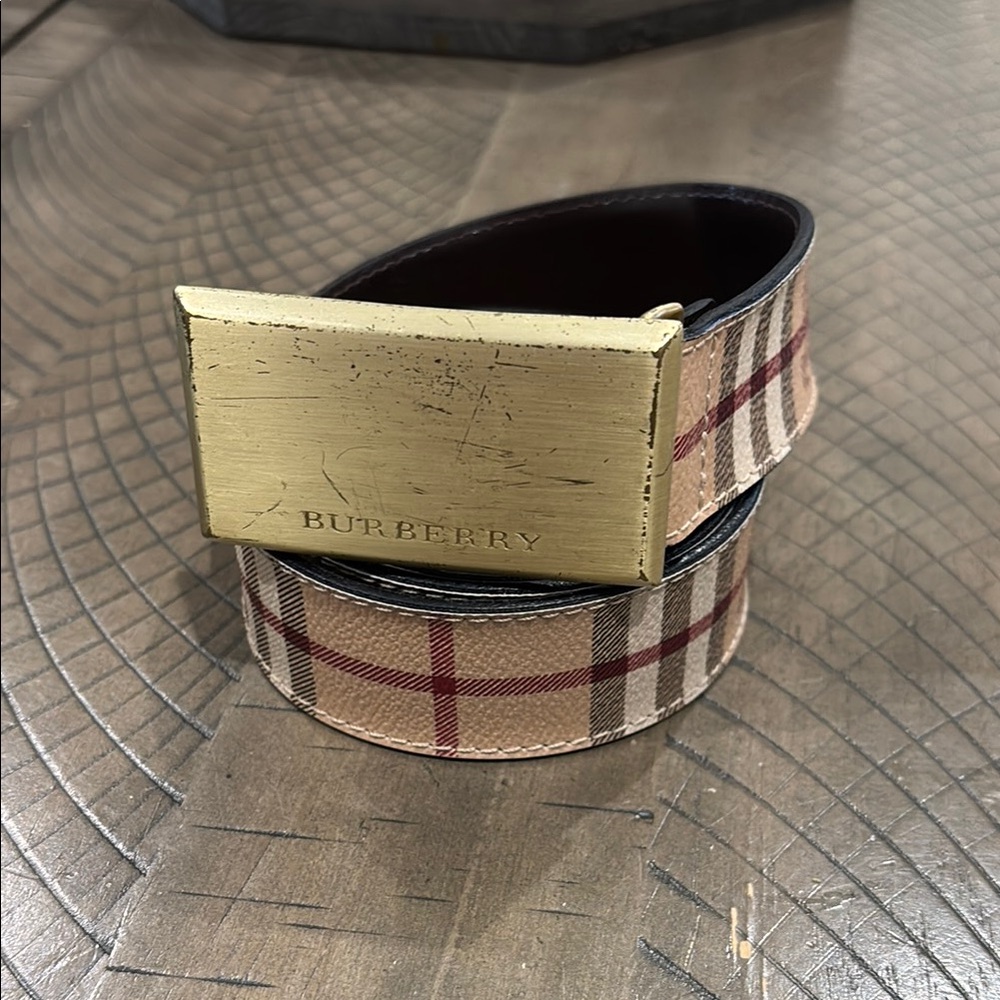 Burberry Tan Plaid Belt with Gold Buckle